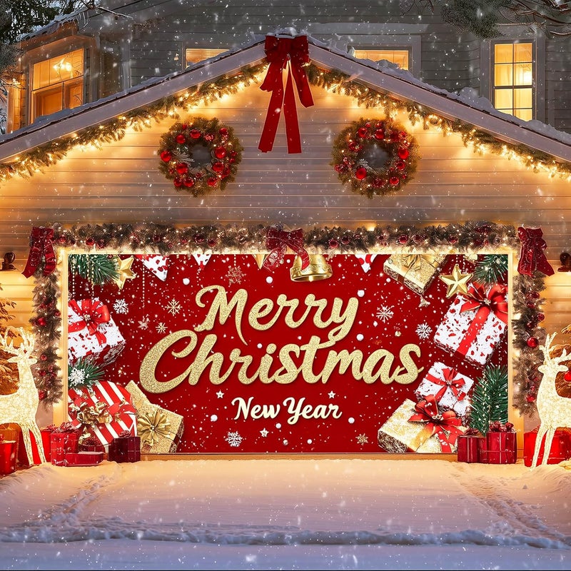 IVN Christmas Garage Door Cover Decoration 13x6ft Red Glitter Wrapped Gifts Golden Bells Snowflakes Merry Christmas Winter Garage Door Banner Home Door Front Yard Decor for Xmas Eve Holiday Outdoor - Image 1